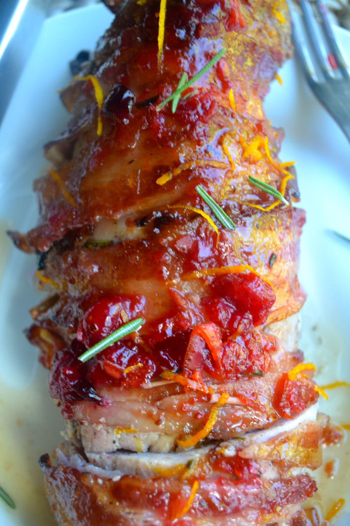Bacon Wrapped Pork with Cranberry Orange Glaze